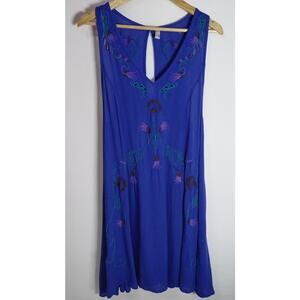 Free People Embroidered Rayon Dress Blue Solid Sleeveless Size L.G